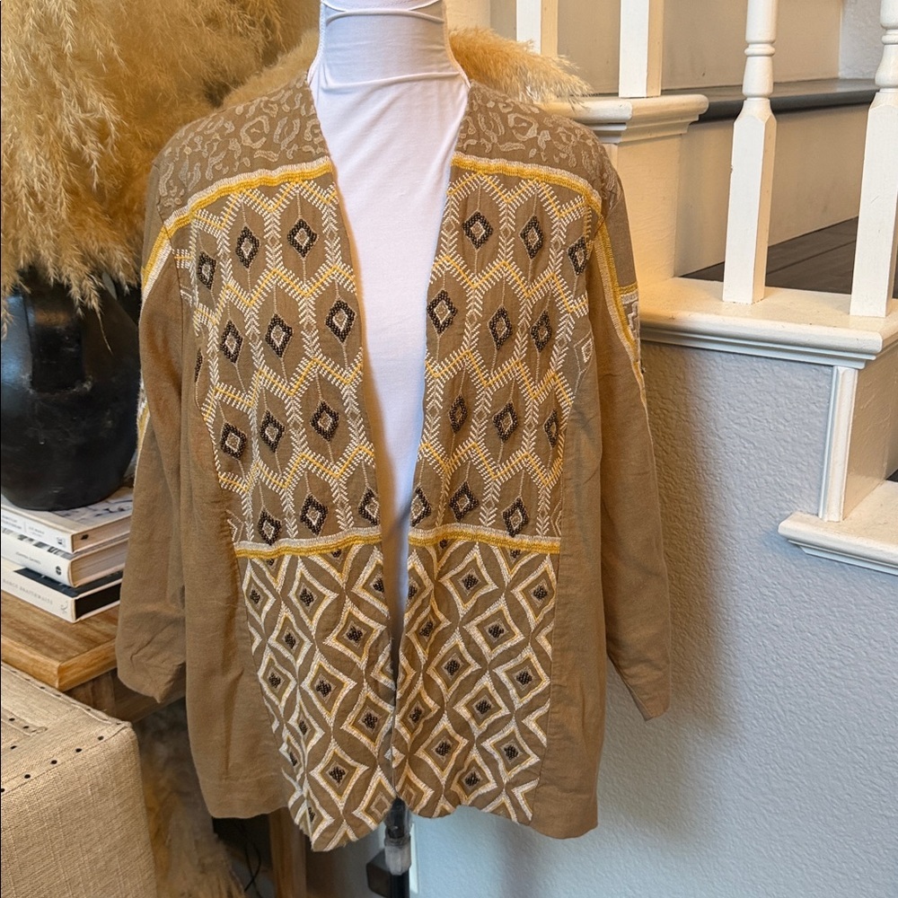 Chico’s Linen Aztec Embroidered Beaded Blazer Jacket 3/4 Sleeve Lagenlook XL - Picture 3 of 8